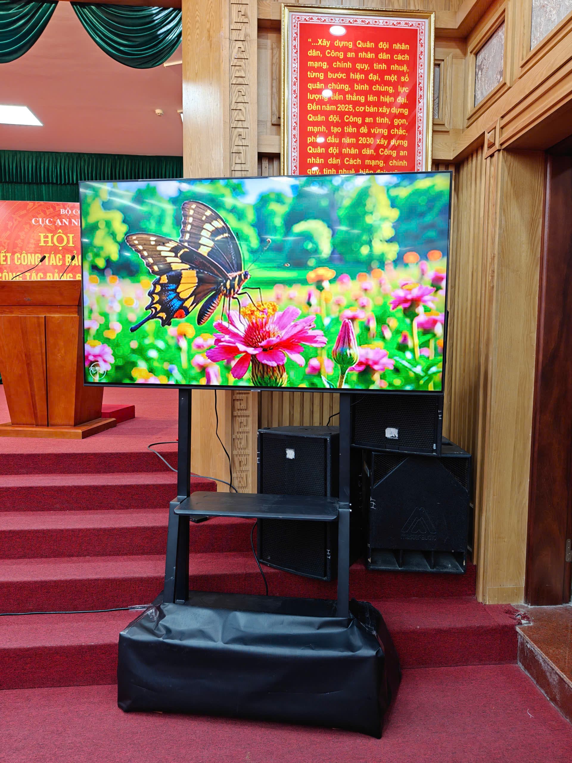 Tivi 75 inch hiển thị 4K trong hội trường đông khách